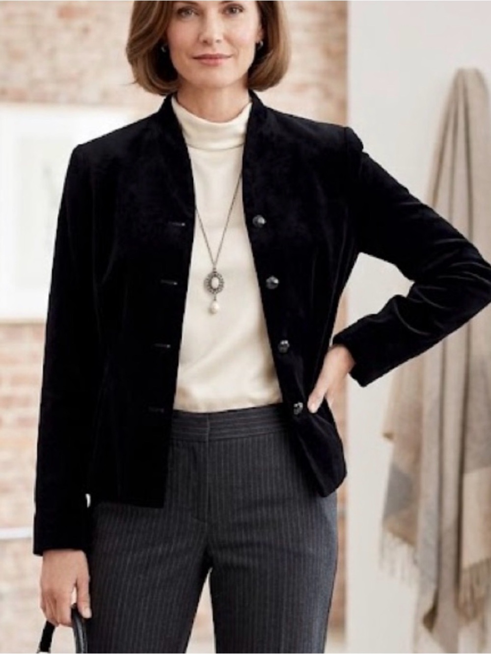 Talbots Petites Black Velvet Mandarin-Collar Button Jacket, Women’s Size 10